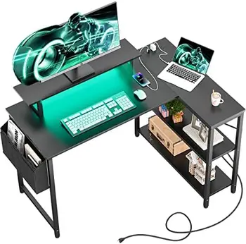Oblikovan Računalniški Mizi z LED Trakovi & Power Trakovi, 47 Palčni Kotu miza z Monitor Stand Reverzibilna Skladiščne Police, Sodobno